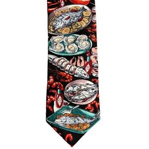 Tabasco Seafood Silk Tie 4x57 Novelty Lobster Oyster Fish Mens Necktie